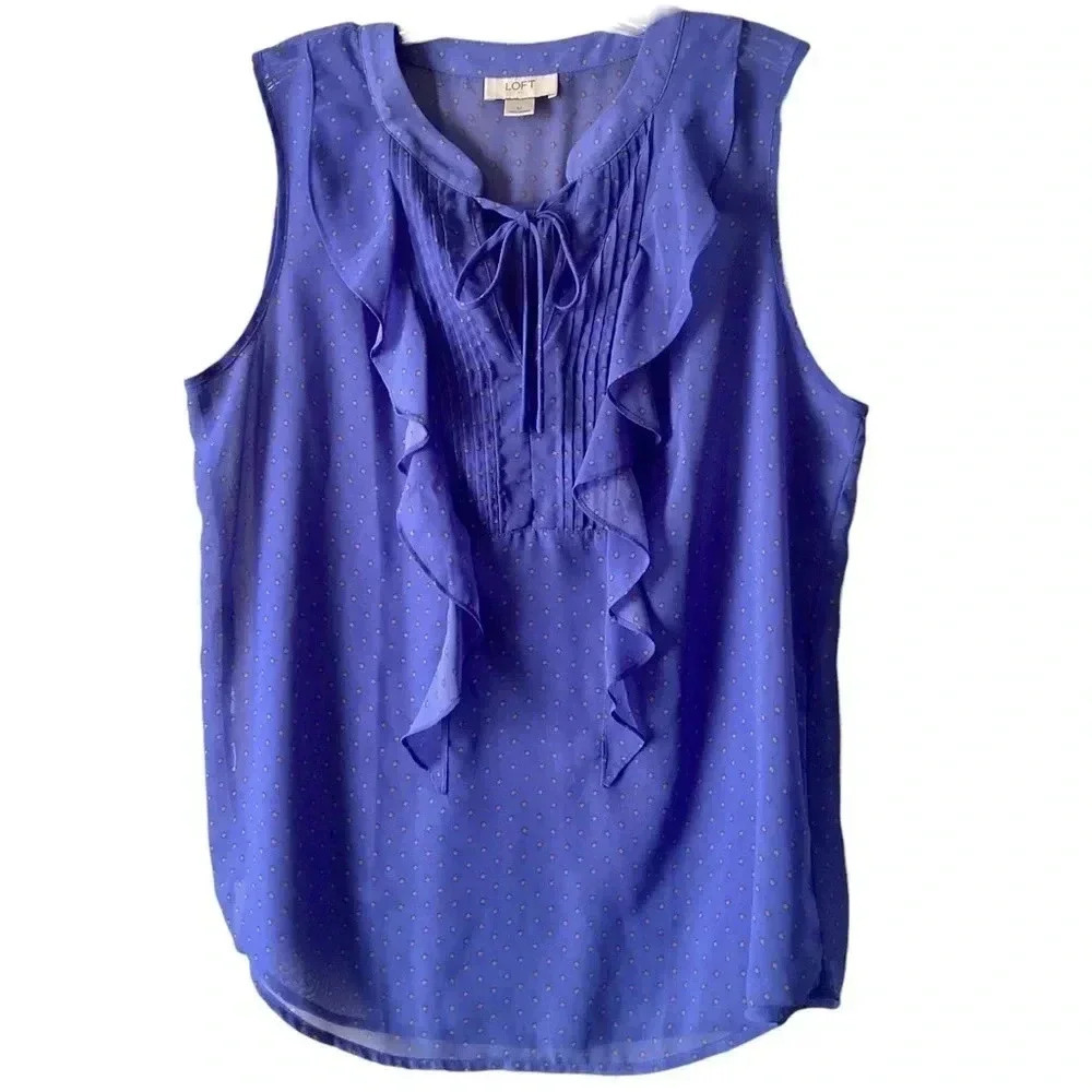 LOFT ANN TAYLOR | Periwinkle Star Print Ruffle Pin-tuck Sleeveless Top Size M